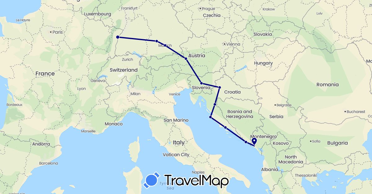 TravelMap itinerary: driving in Austria, Germany, France, Croatia, Montenegro, Slovenia (Europe)